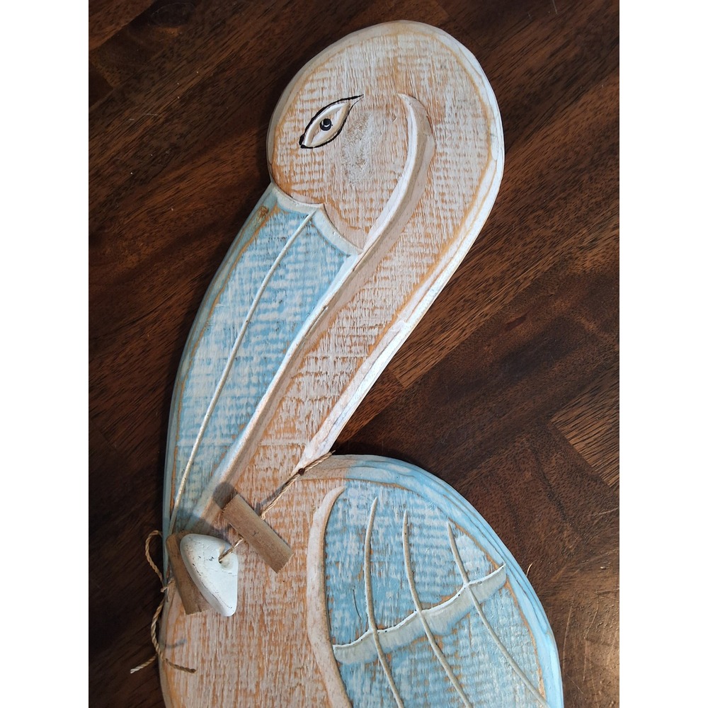 Hand Carved Wooden Pelican Wall Art Coastal Nautical Distressed Blue White 18in - Picture 5 of 8